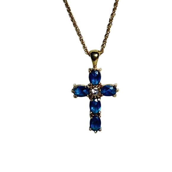 Avon Gold Tone Necklace With Blue & Clear Crystal Cross Pendant Signed NR (5730) - Picture 2 of 8